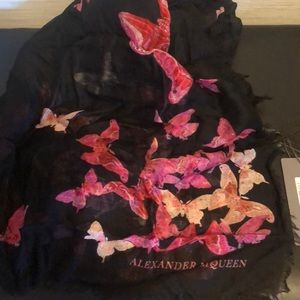 Alexander McQueen black and pink butterfly scarf.